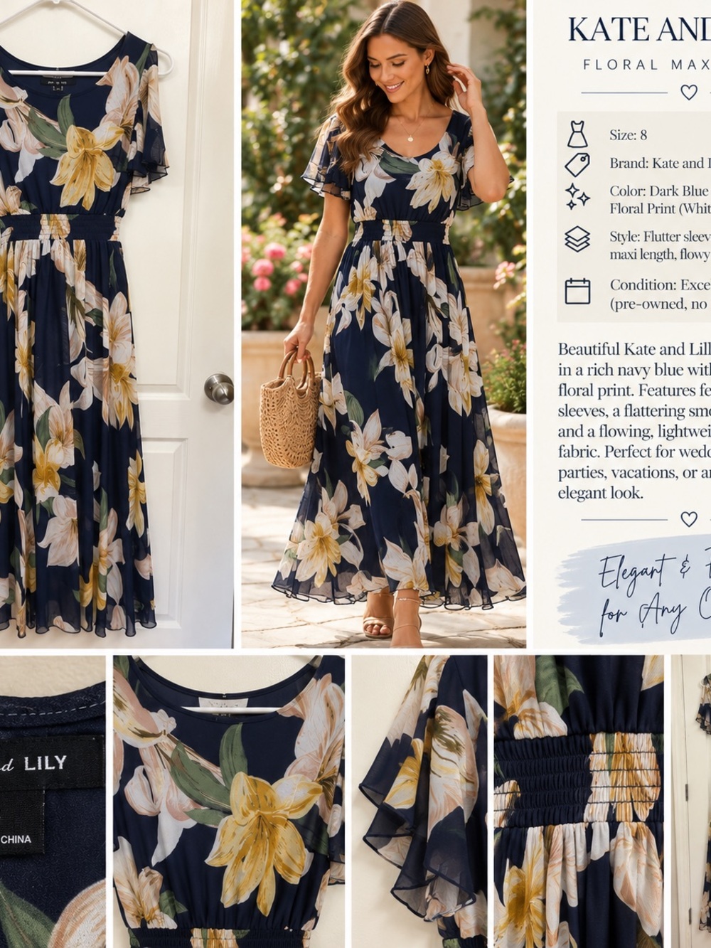 Kate and Lilly Navy Floral Maxi Dress with Flutter Sleeves